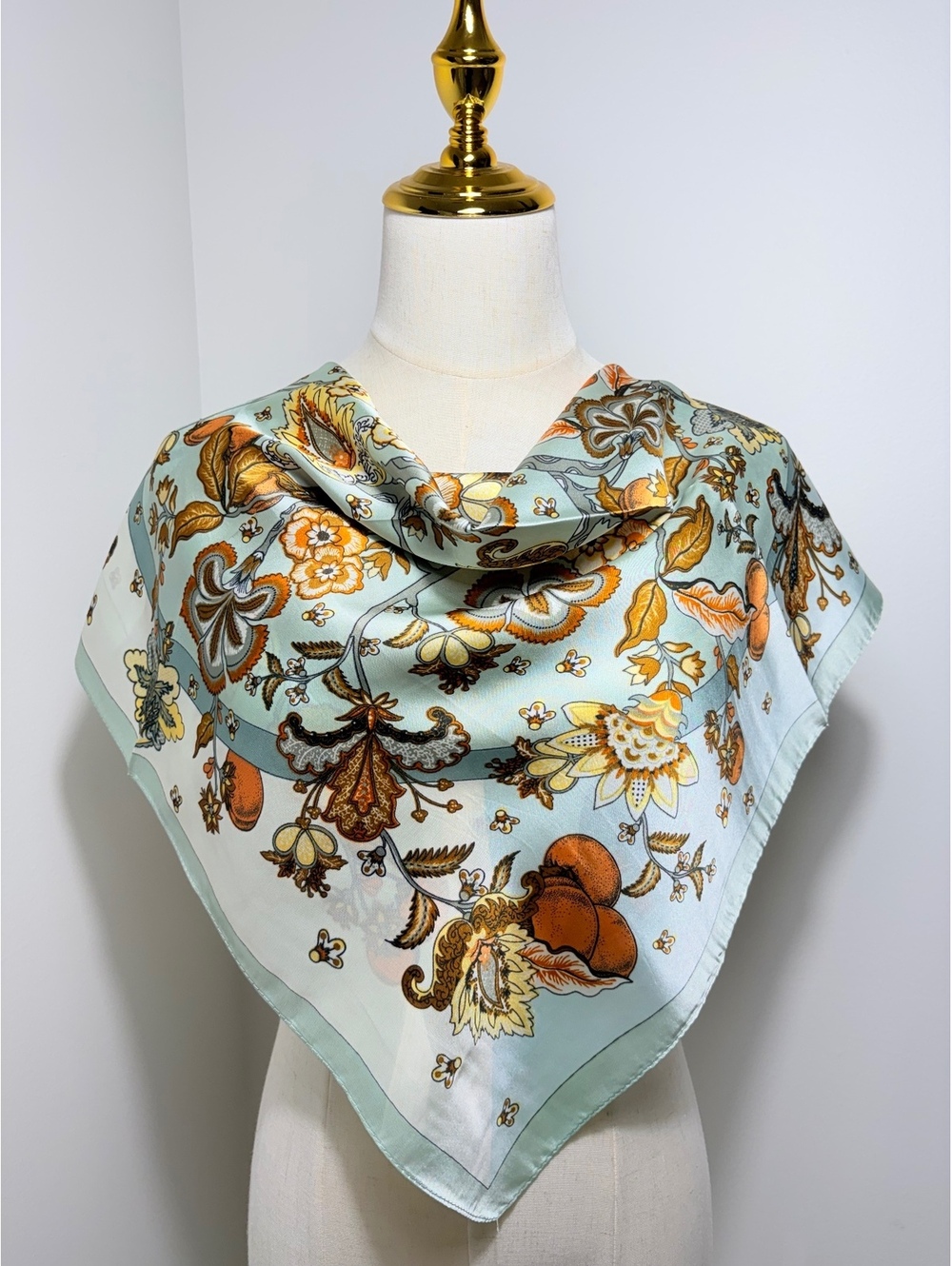 Elegant Floral Pattern Lightweight Scarf in Warm Orange and Light Blue